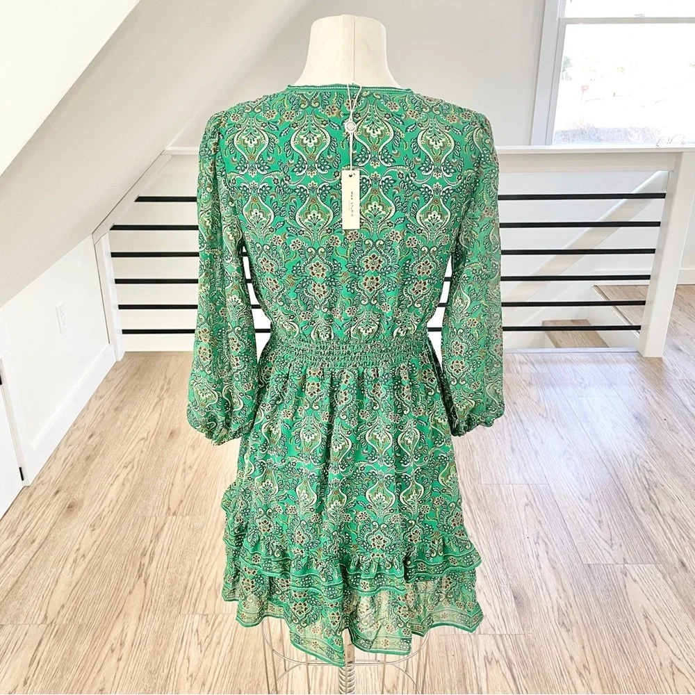XS Max Studio London green and gold floral, print long sleeve dress - Picture 5 of 9